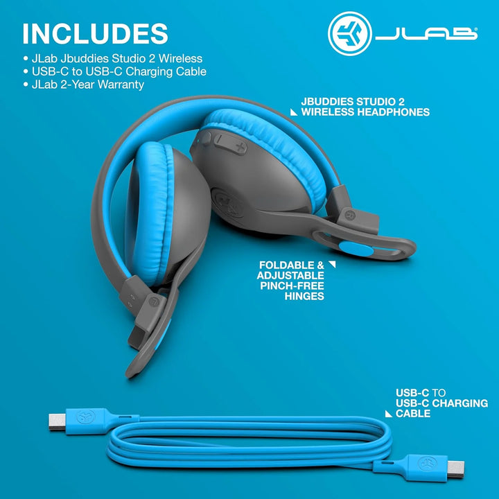 JLab JBuddies Studio 2 On-Ear Kids Wireless Headphones, Blue/Graphite, Volume Safe, Folding, Adjustable, Noise Isolation, Mic