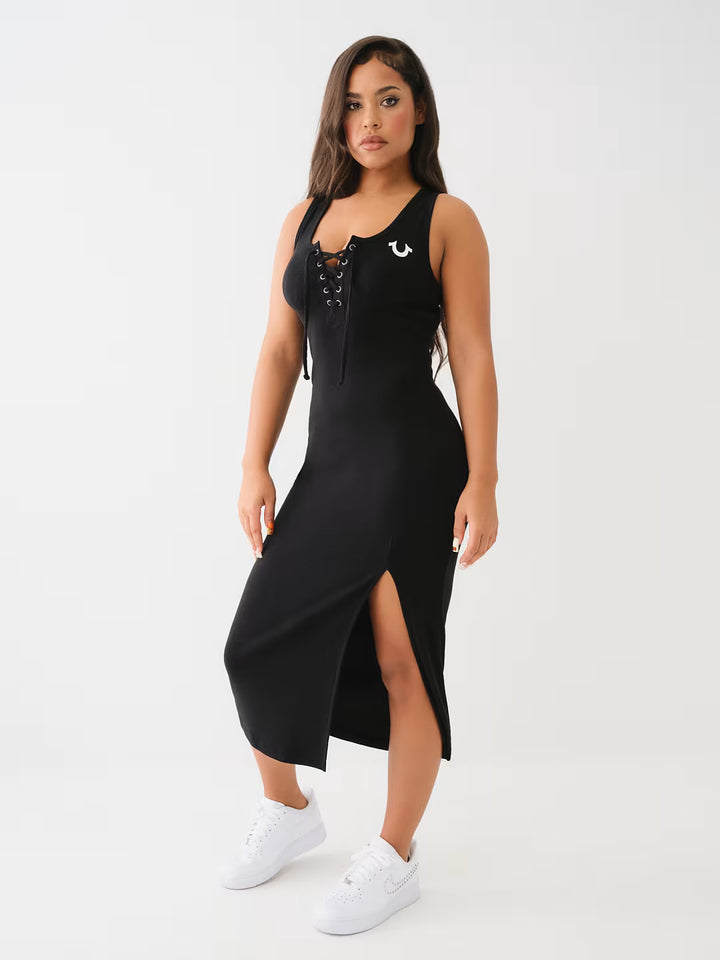 TRUE RELIGION HORSESHOE LOGO LACE UP MIDI DRESS