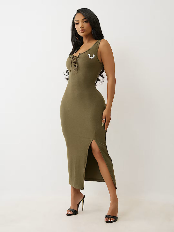 TRUE RELIGION HORSESHOE LOGO LACE UP MIDI DRESS