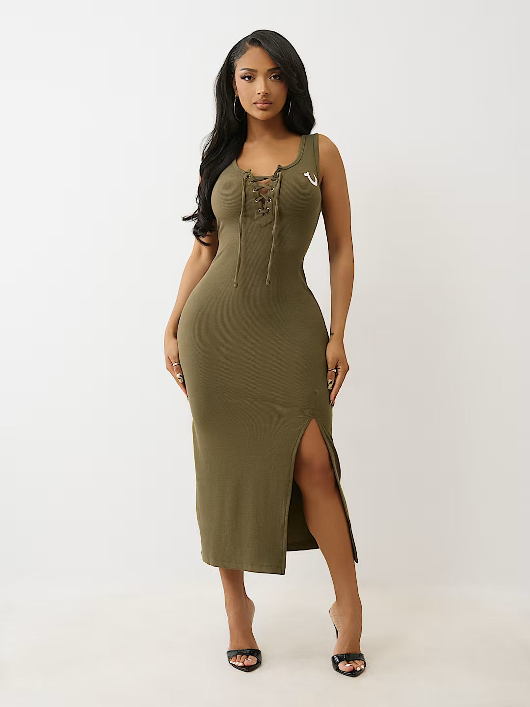 TRUE RELIGION HORSESHOE LOGO LACE UP MIDI DRESS