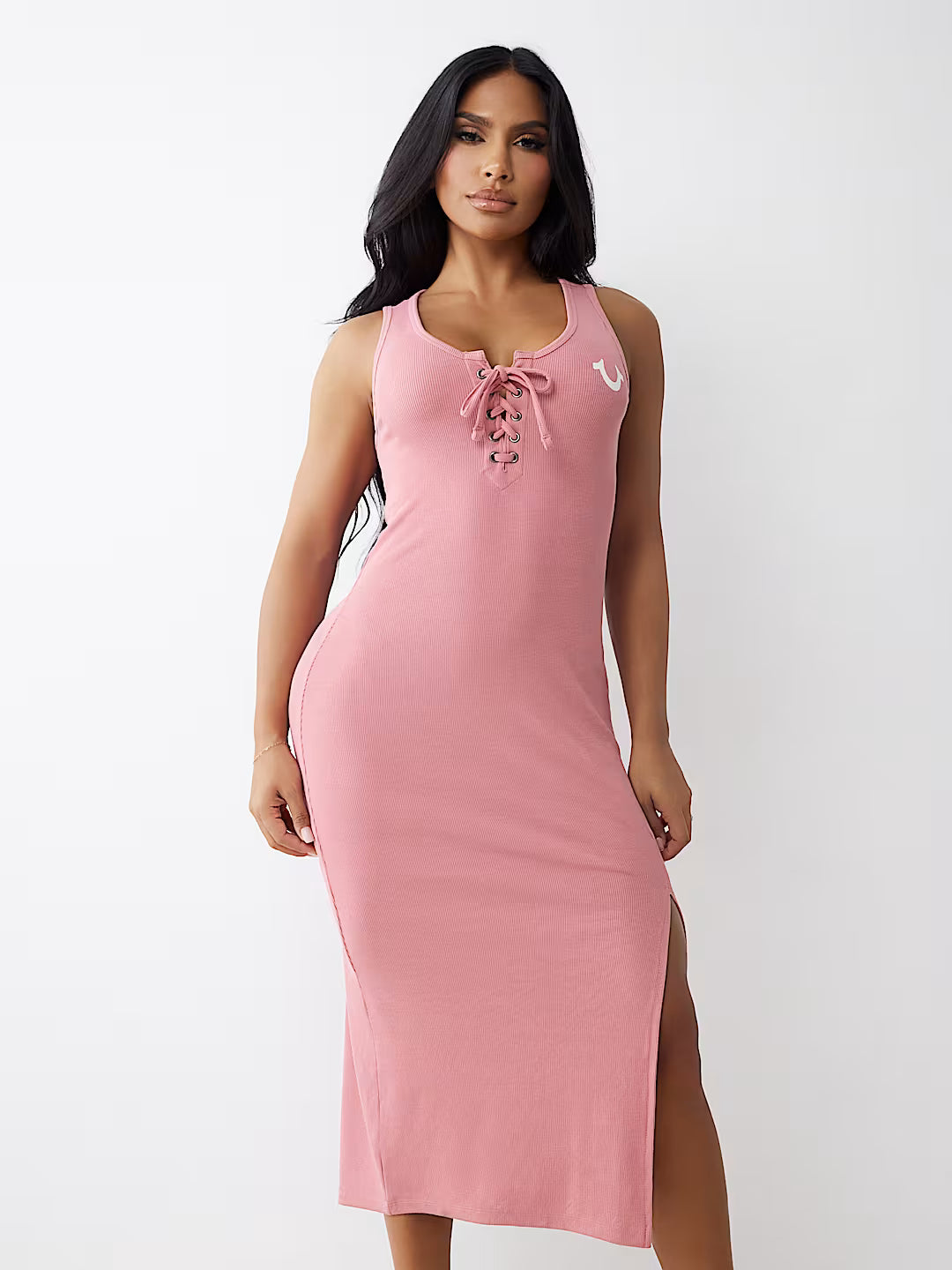 TRUE RELIGION HORSESHOE LOGO LACE UP MIDI DRESS