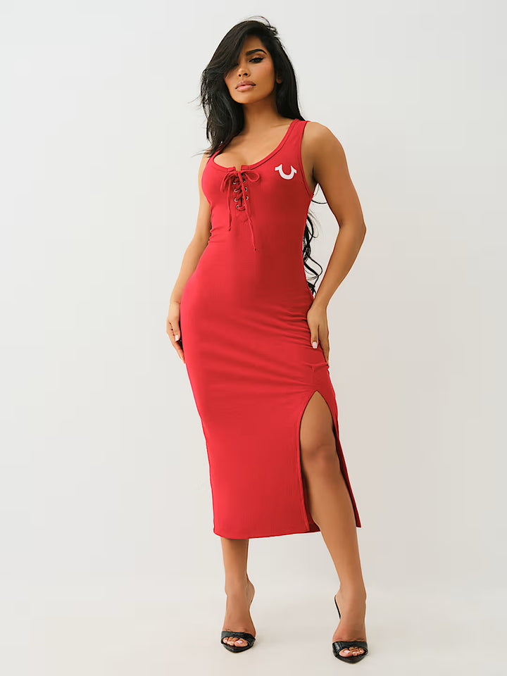 TRUE RELIGION HORSESHOE LOGO LACE UP MIDI DRESS