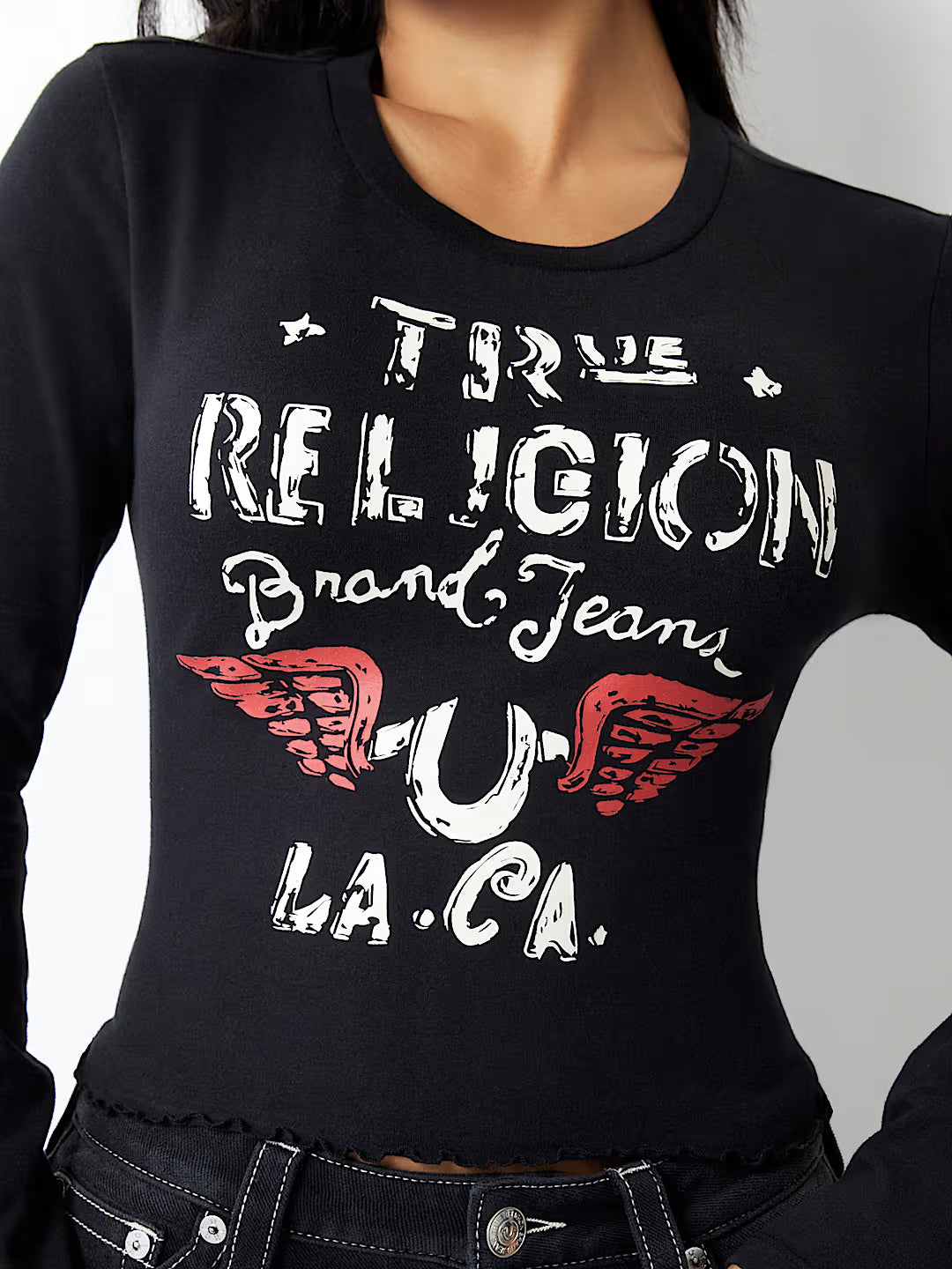 TRUE RELIGION DISTRESSED LOGO LONG SLEEVE BABY TEE