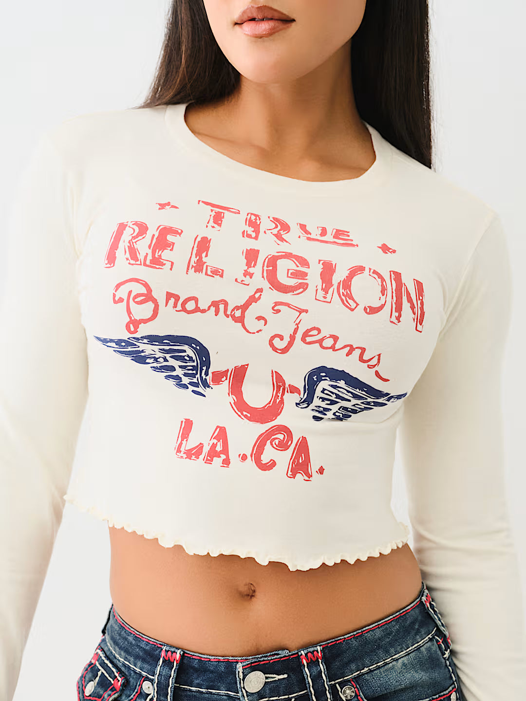 TRUE RELIGION DISTRESSED LOGO LONG SLEEVE BABY TEE