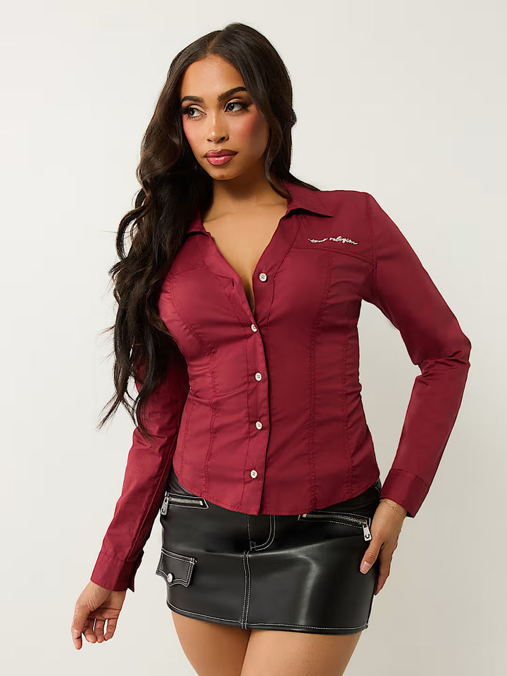 TRUE RELIGION POPLIN EMBROIDERED LOGO V NECK SHIRT