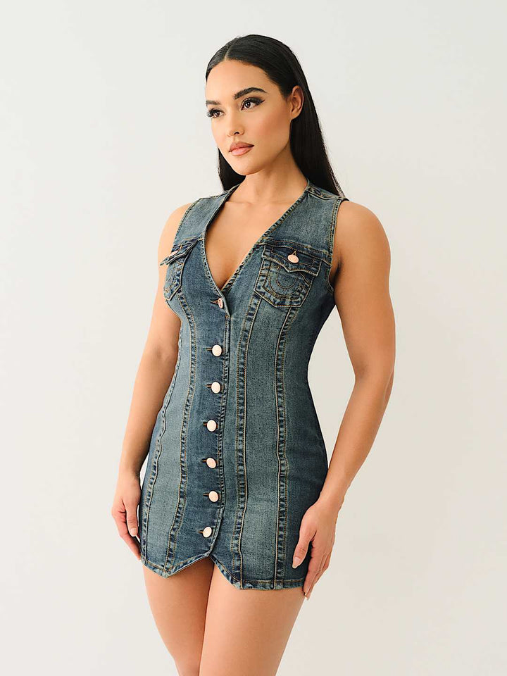 TRUE RELIGION NEW MARKDOWN FITTED DENIM VEST DRESS