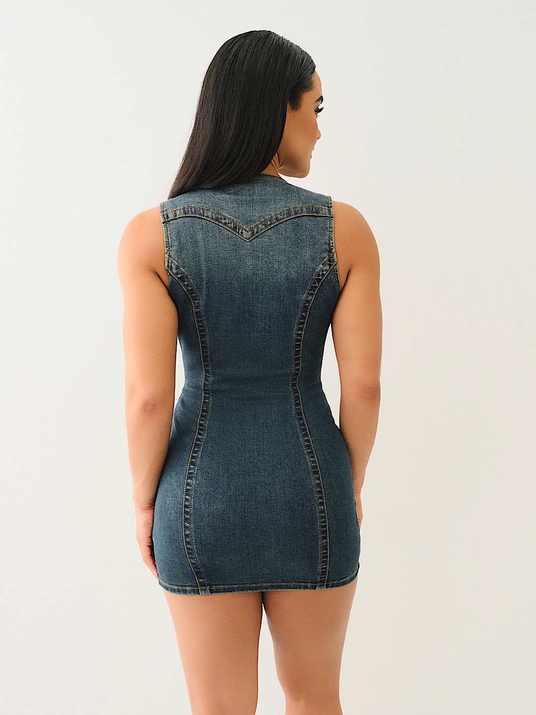 TRUE RELIGION NEW MARKDOWN FITTED DENIM VEST DRESS