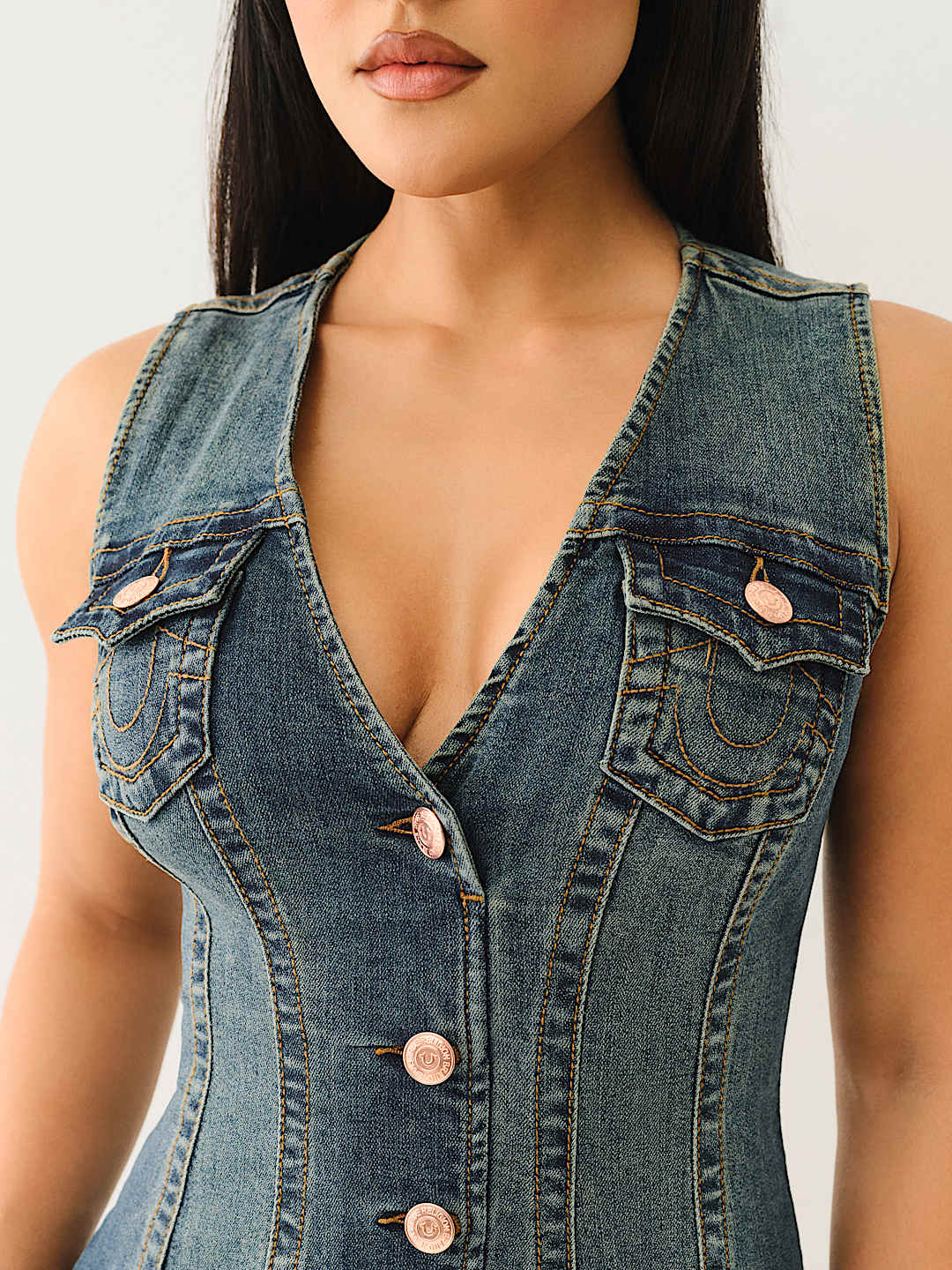 TRUE RELIGION NEW MARKDOWN FITTED DENIM VEST DRESS