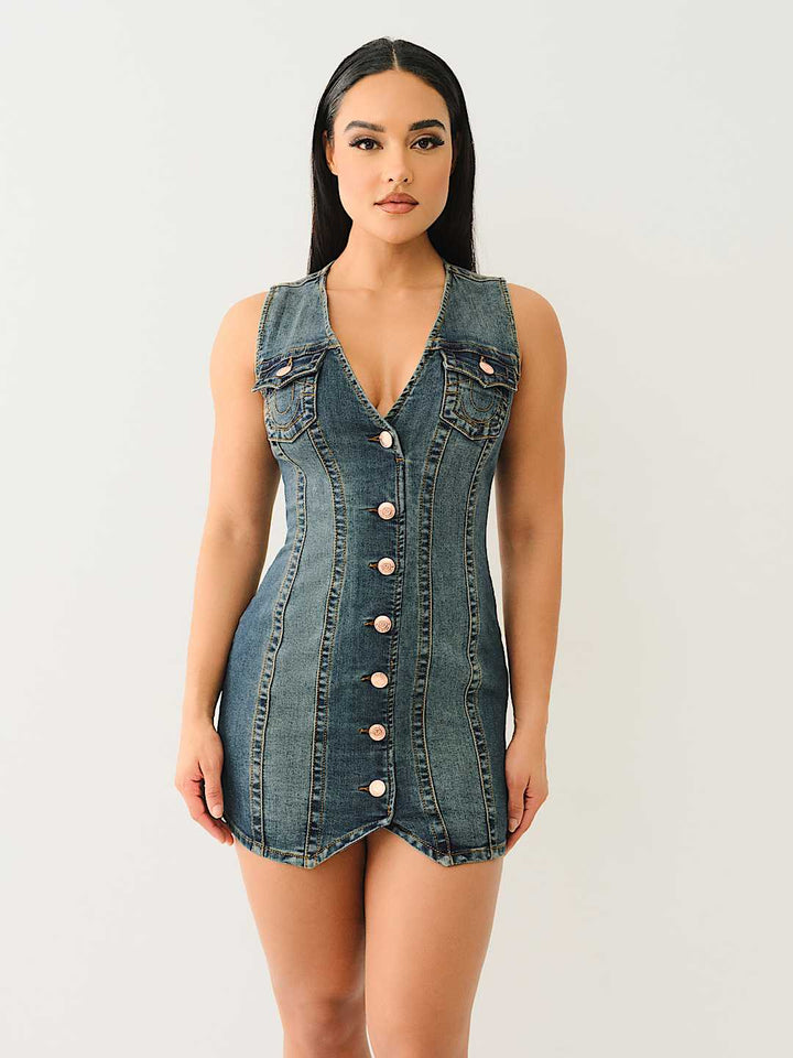 TRUE RELIGION NEW MARKDOWN FITTED DENIM VEST DRESS