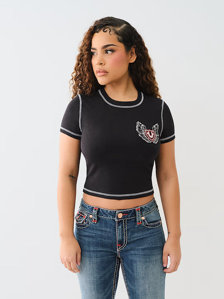 TRUE RELIGION FLATLOCK WINGED CRYSTAL LOGO BABY TEE