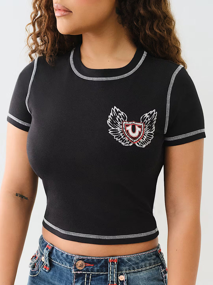 TRUE RELIGION FLATLOCK WINGED CRYSTAL LOGO BABY TEE
