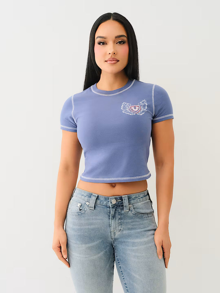 TRUE RELIGION FLATLOCK WINGED CRYSTAL LOGO BABY TEE