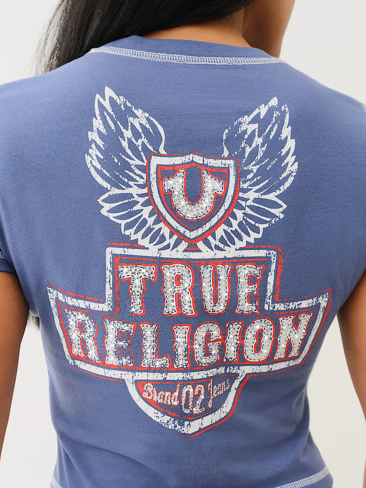 TRUE RELIGION FLATLOCK WINGED CRYSTAL LOGO BABY TEE