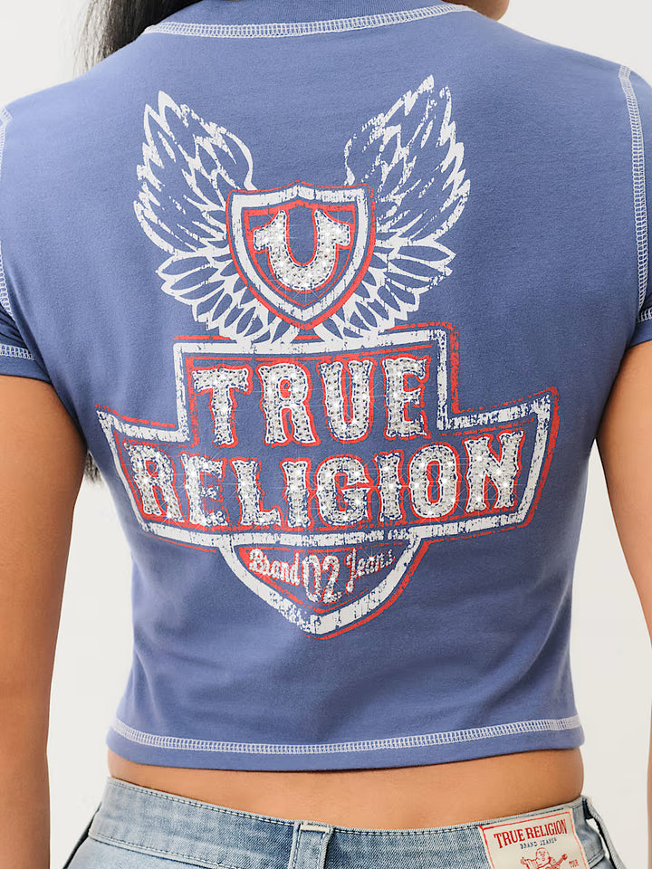 TRUE RELIGION FLATLOCK WINGED CRYSTAL LOGO BABY TEE
