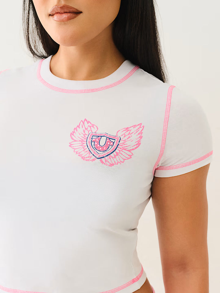 TRUE RELIGION FLATLOCK WINGED CRYSTAL LOGO BABY TEE