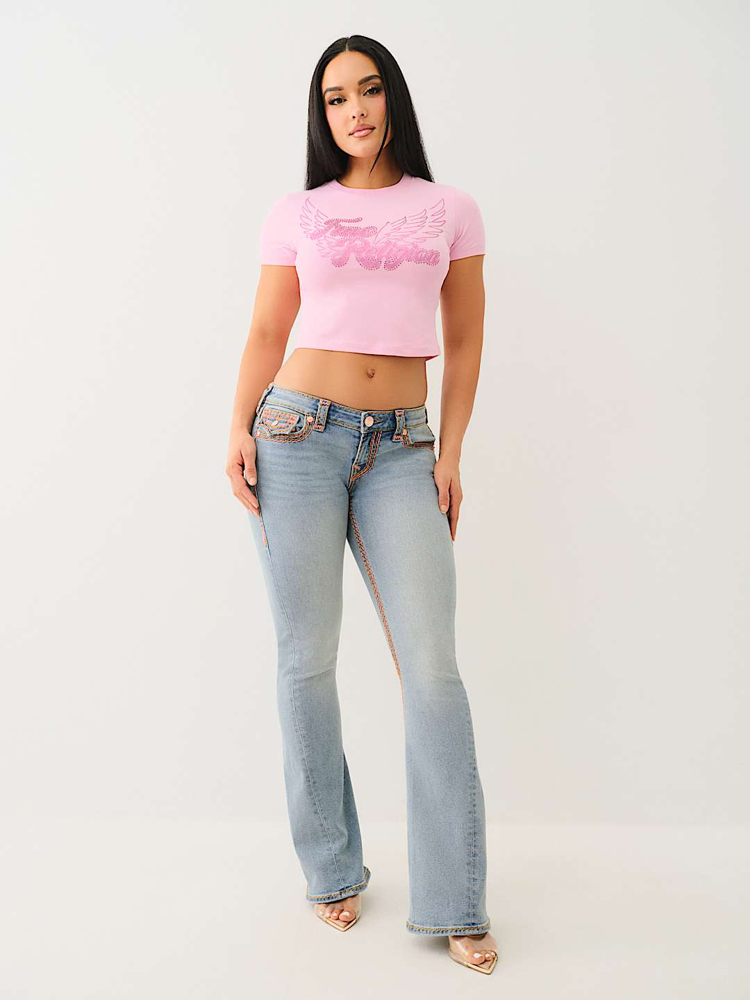 TRUE RELIGION NEW MARKDOWN JOEY LOW RISE SUPER QT FLAP FLARE JEAN