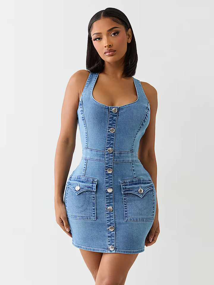 TRUE RELIGION SCOOP NECK DENIM DRESS