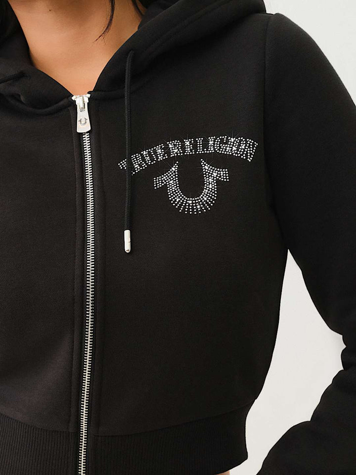 TRUE RELIGION CRYSTAL LOGO CROP ZIP HOODIE