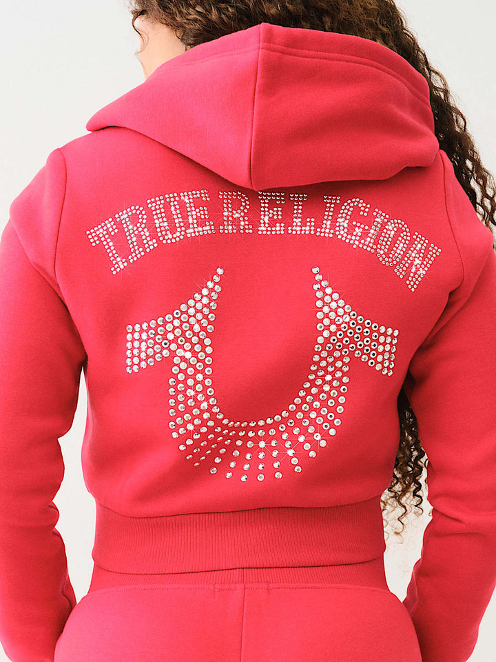 TRUE RELIGION CRYSTAL LOGO CROP ZIP HOODIE