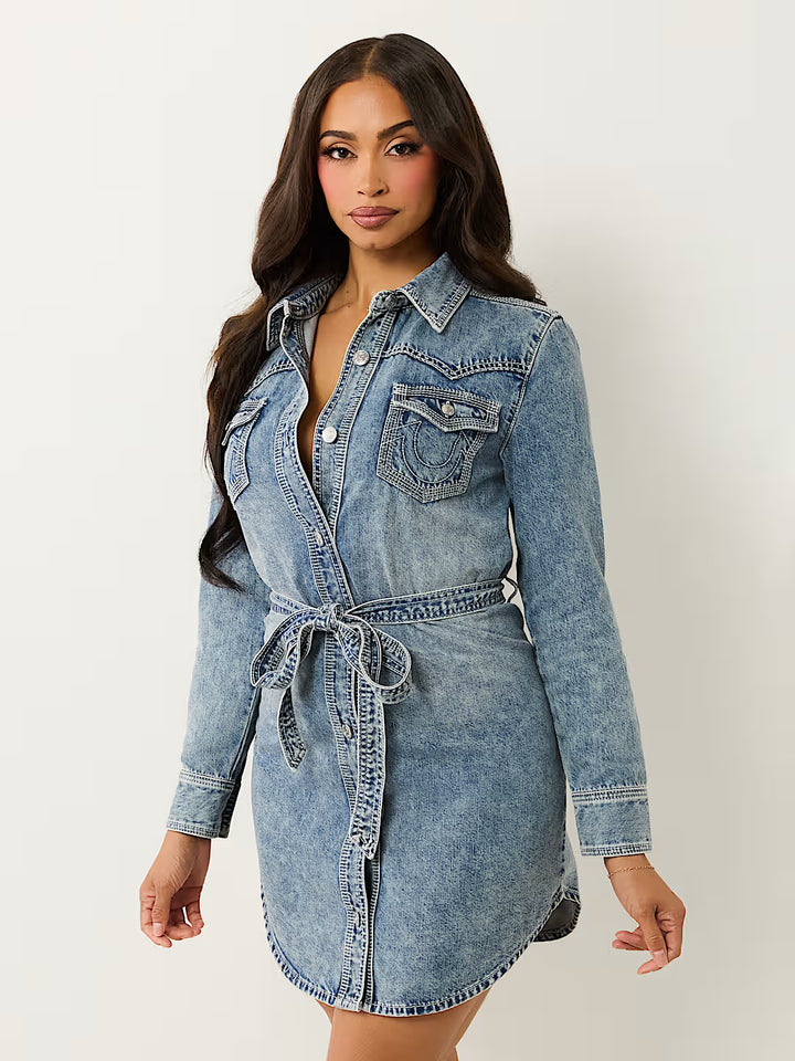 TRUE RELIGION GEORGIA SUPER QT BELTED SHIRT DRESS