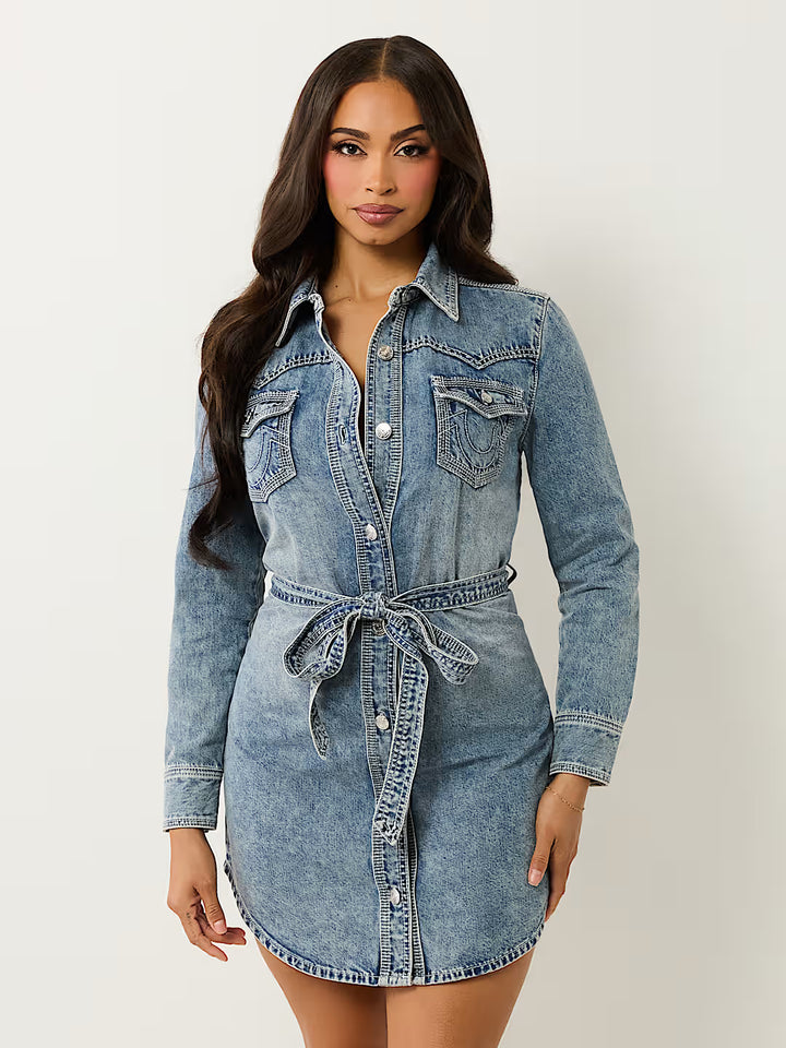 TRUE RELIGION GEORGIA SUPER QT BELTED SHIRT DRESS
