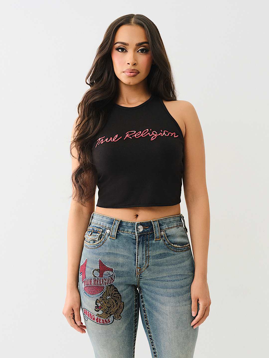 TRUE RELIGION NEW MARKDOWN CRYSTAL LOGO CROP TANK