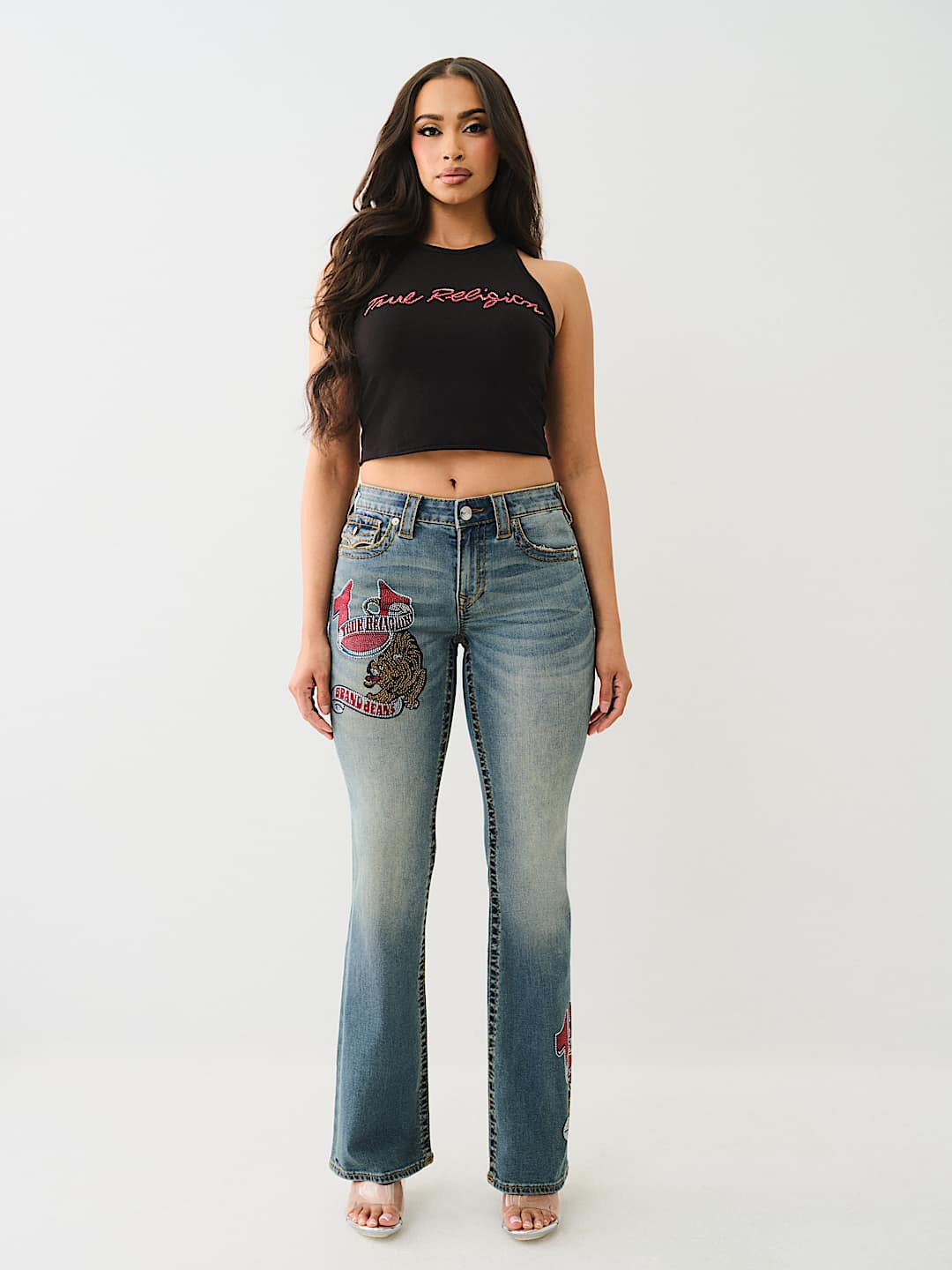 TRUE RELIGION NEW MARKDOWN CRYSTAL LOGO CROP TANK