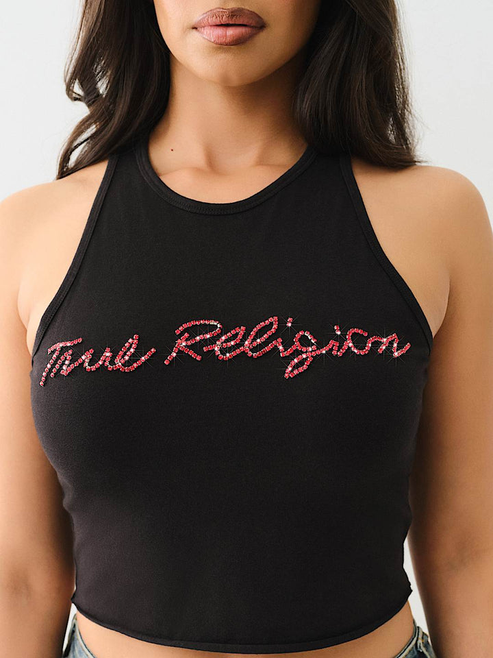 TRUE RELIGION NEW MARKDOWN CRYSTAL LOGO CROP TANK
