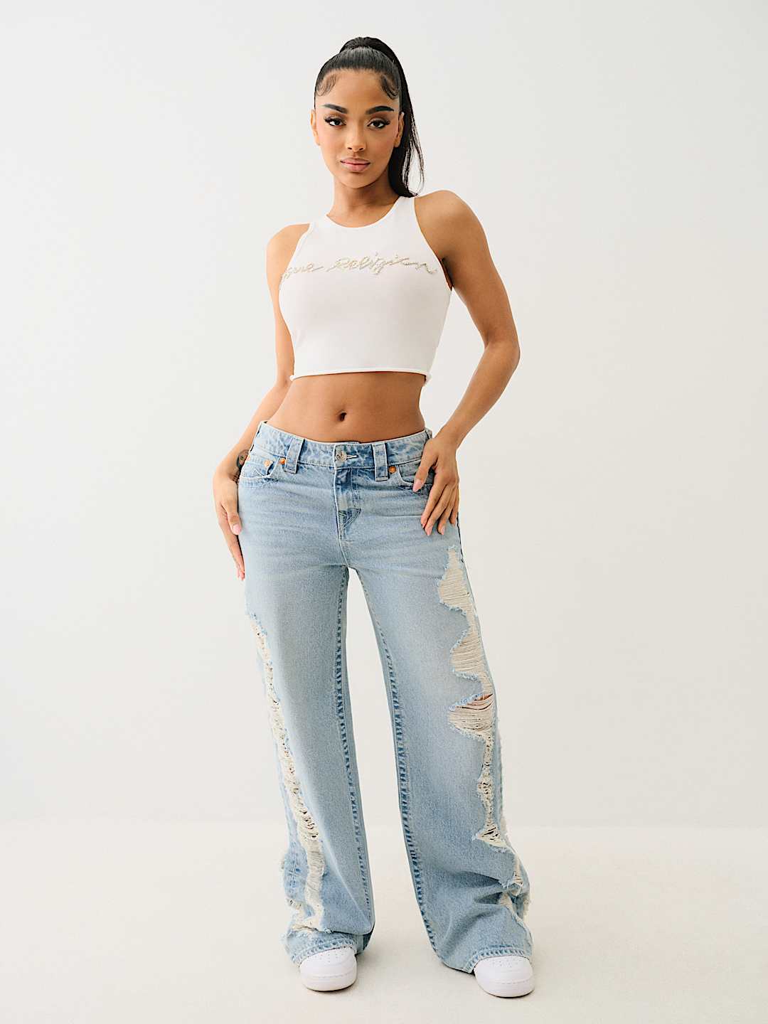 TRUE RELIGION NEW MARKDOWN CRYSTAL LOGO CROP TANK