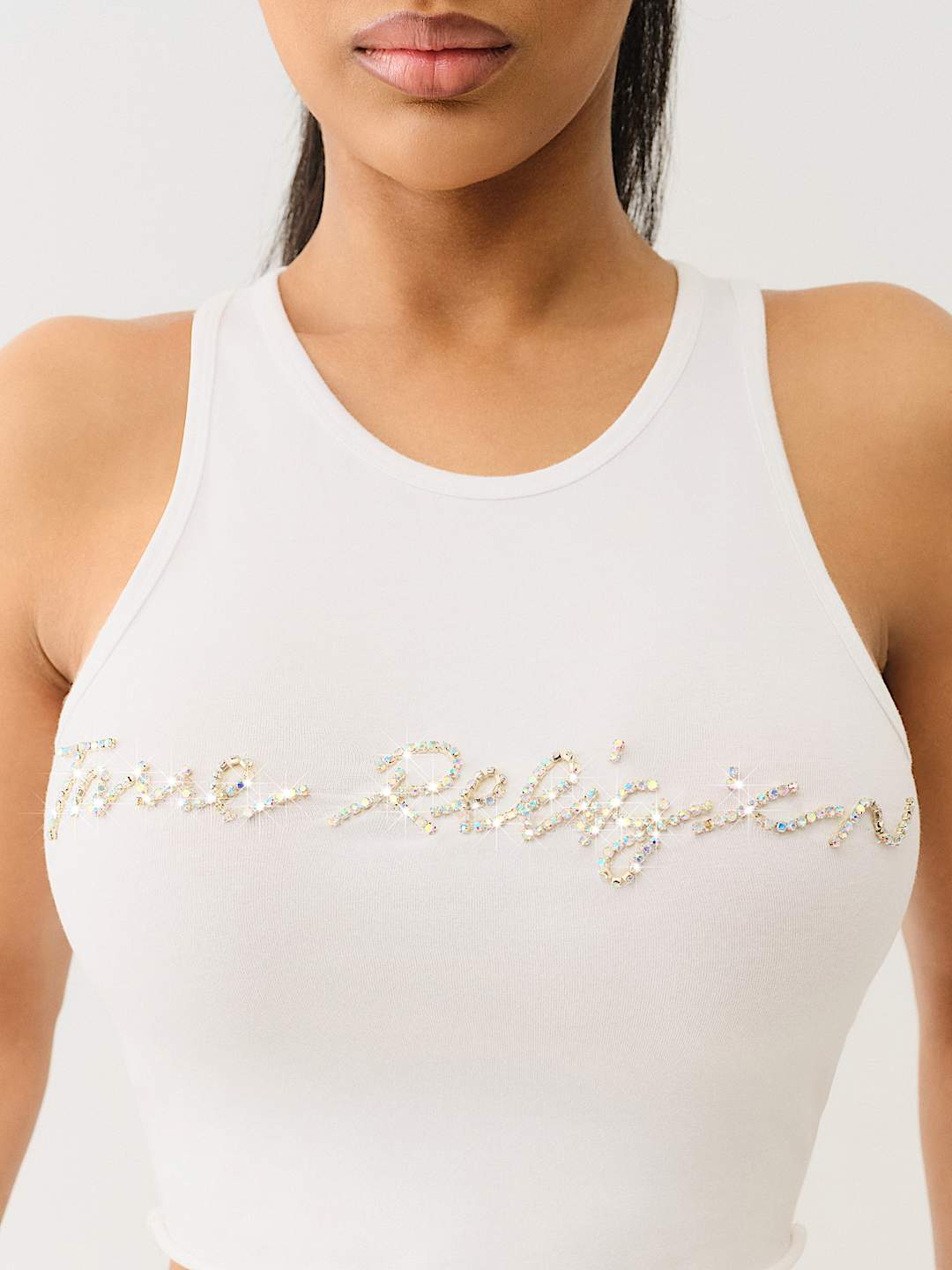 TRUE RELIGION NEW MARKDOWN CRYSTAL LOGO CROP TANK