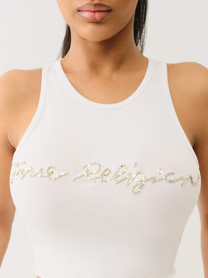 TRUE RELIGION NEW MARKDOWN CRYSTAL LOGO CROP TANK