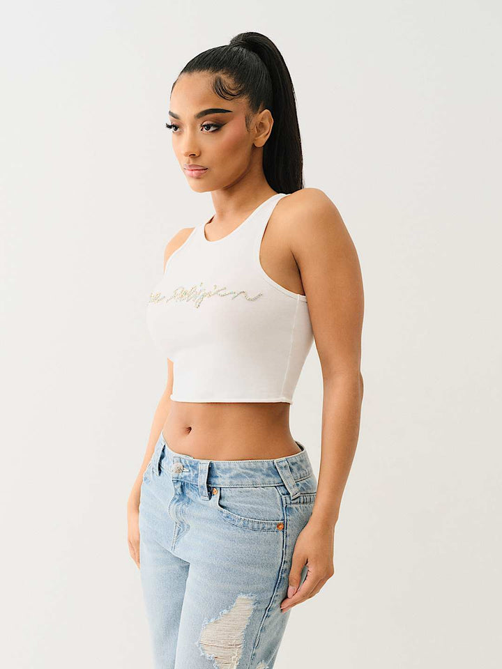 TRUE RELIGION NEW MARKDOWN CRYSTAL LOGO CROP TANK