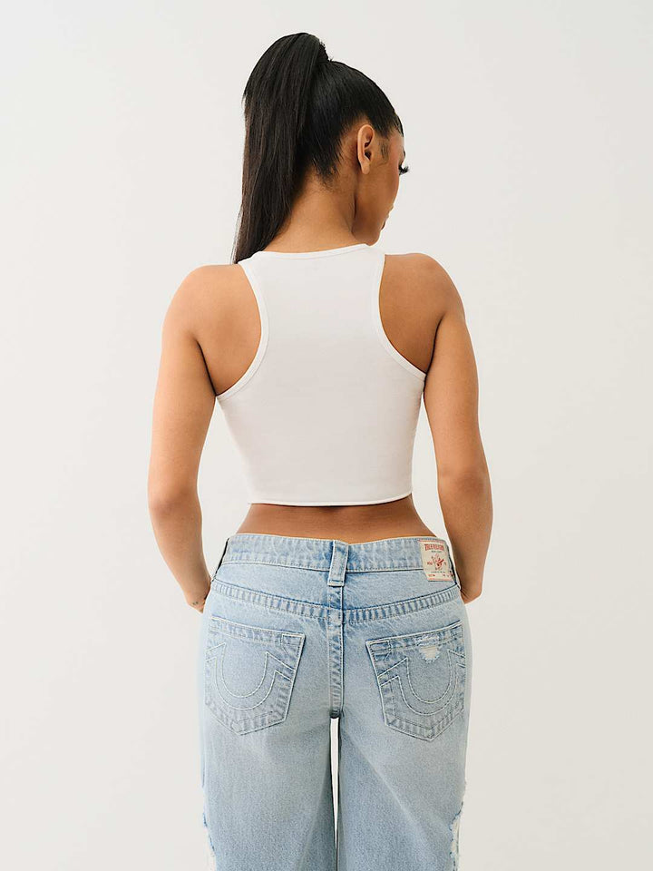 TRUE RELIGION NEW MARKDOWN CRYSTAL LOGO CROP TANK