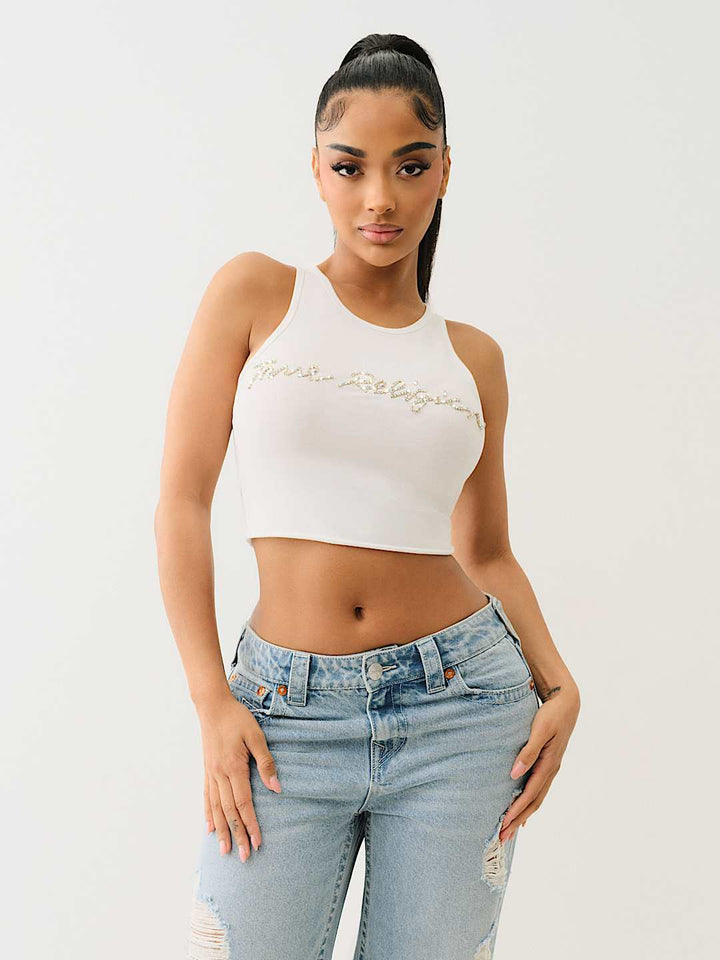 TRUE RELIGION NEW MARKDOWN CRYSTAL LOGO CROP TANK