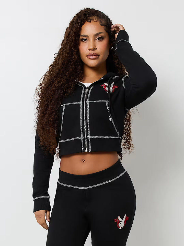 TRUE RELIGION X PLAYBOY CRYSTAL CROP ZIP HOODIE