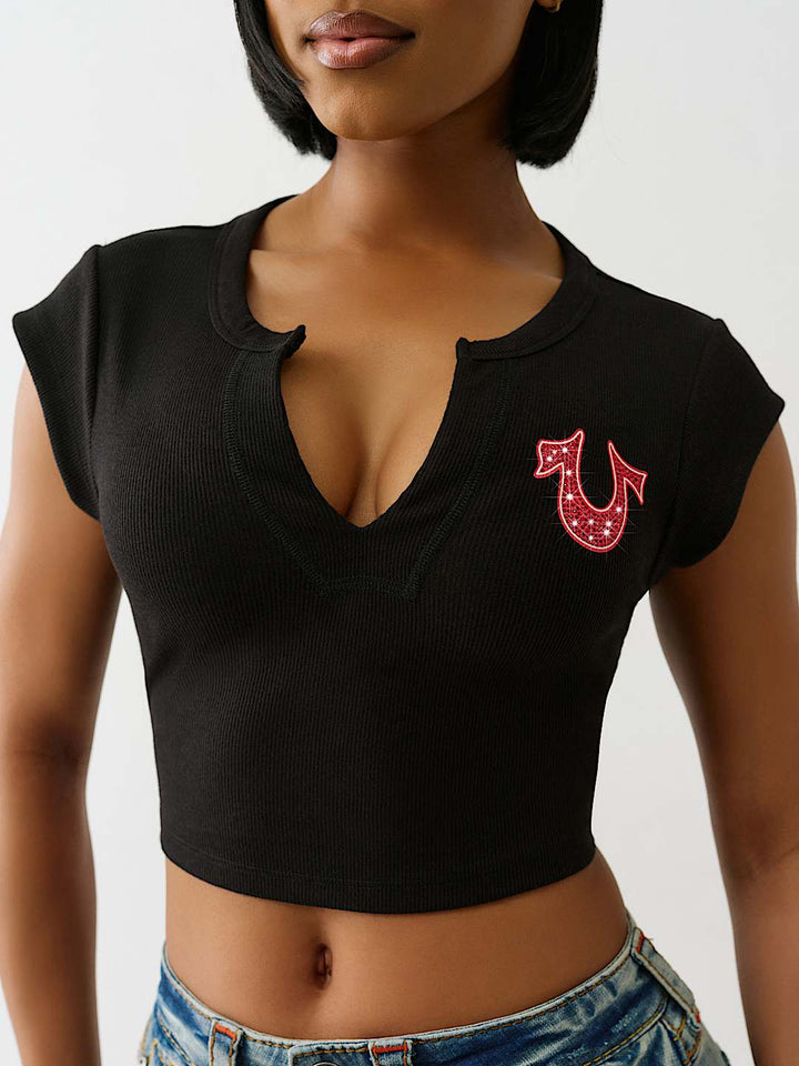 TRUE RELIGION ONLINE EXCLUSIVE CRYSTAL LOGO NOTCH BABY TEE