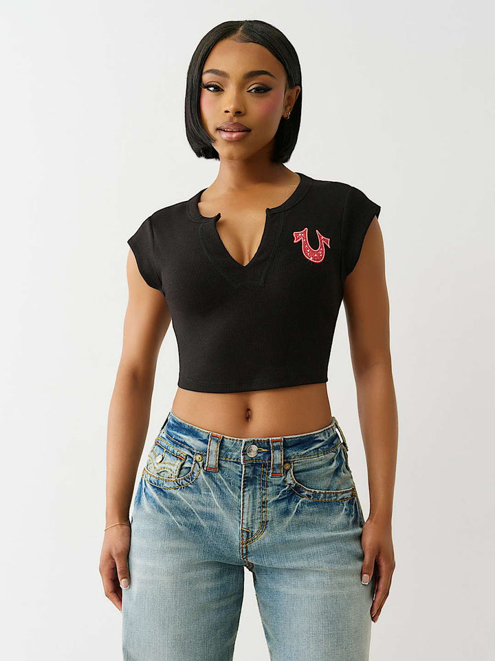 TRUE RELIGION ONLINE EXCLUSIVE CRYSTAL LOGO NOTCH BABY TEE