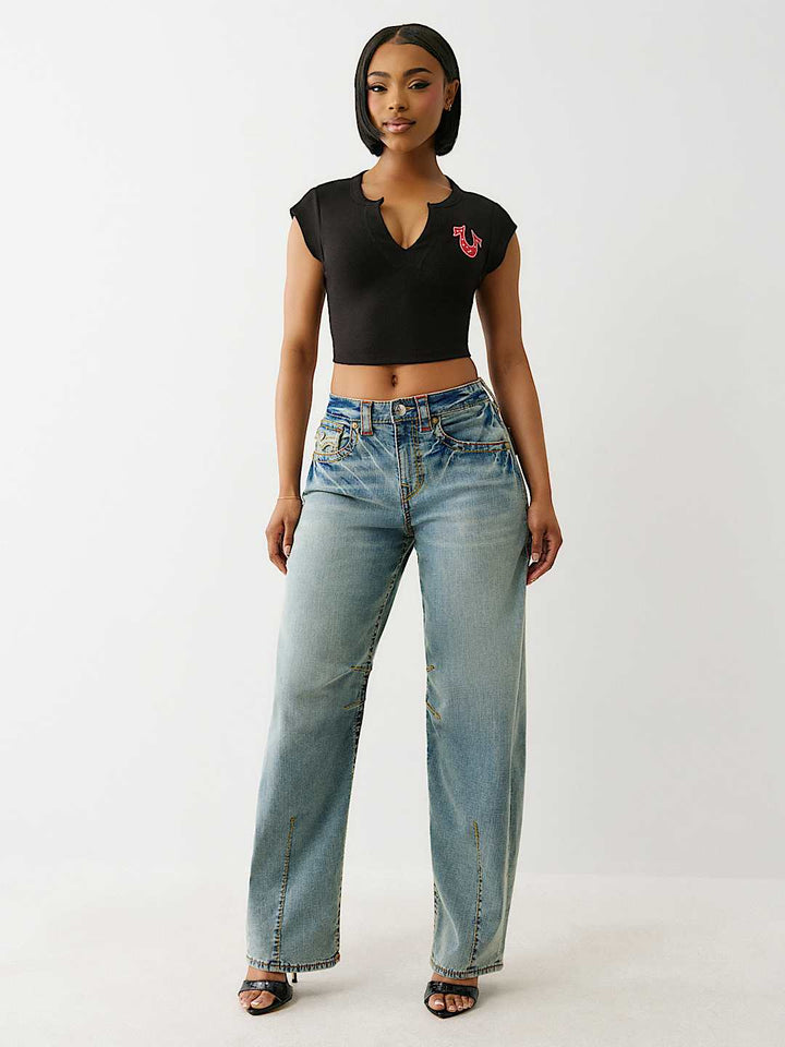 TRUE RELIGION ONLINE EXCLUSIVE CRYSTAL LOGO NOTCH BABY TEE