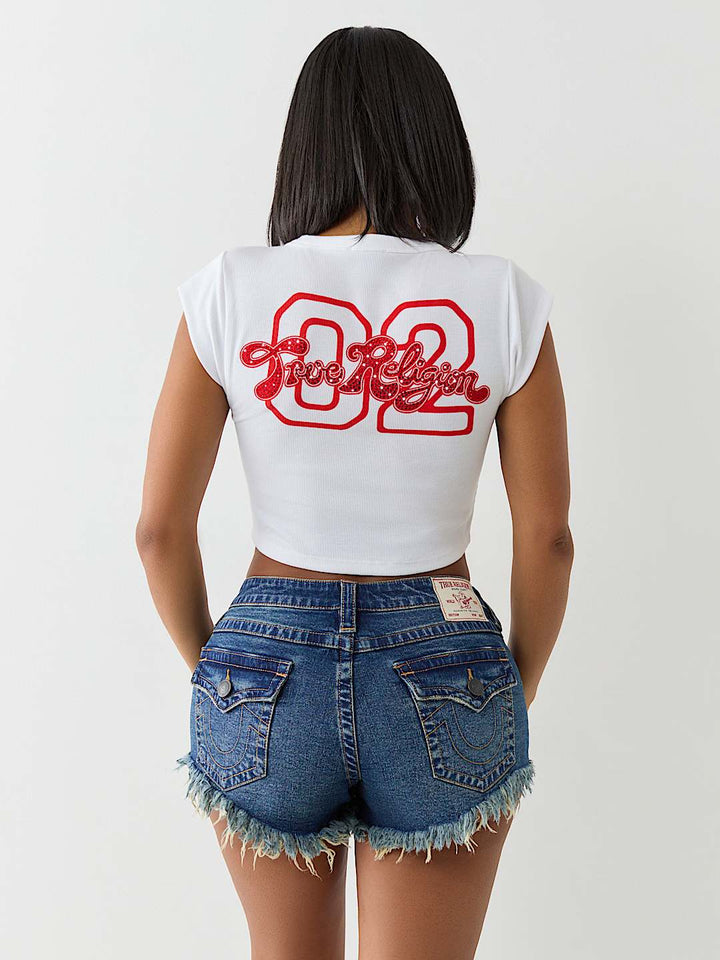 TRUE RELIGION ONLINE EXCLUSIVE CRYSTAL LOGO NOTCH BABY TEE