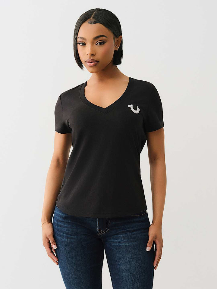 TRUE RELIGION BEST SELLER CRYSTAL OUTLINE V NECK TEE