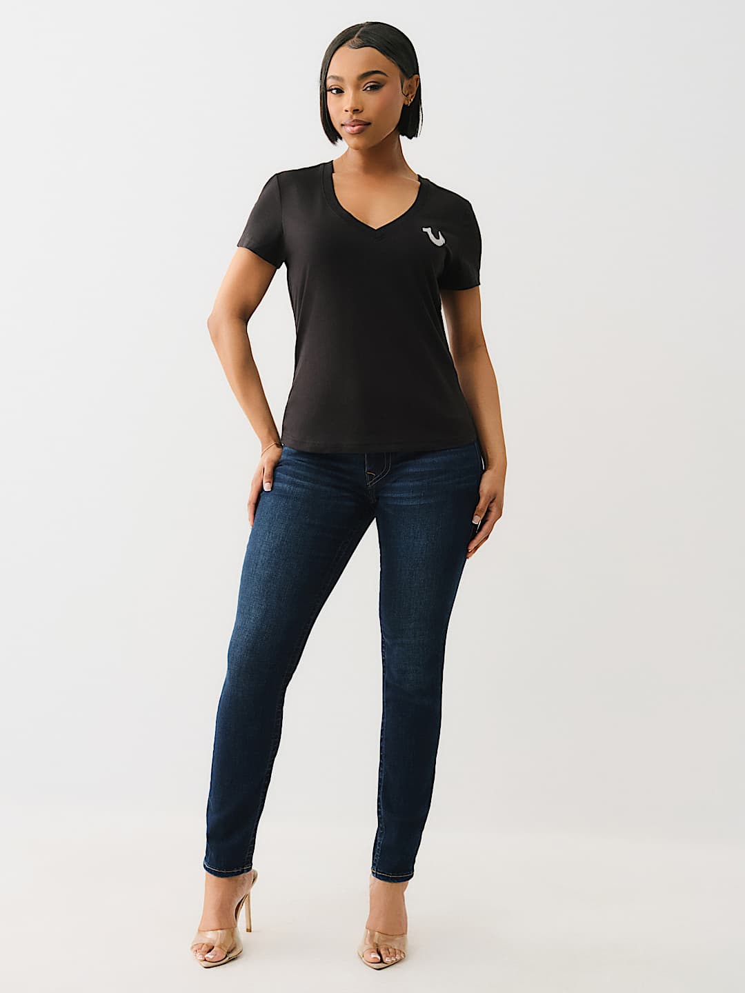 TRUE RELIGION BEST SELLER CRYSTAL OUTLINE V NECK TEE