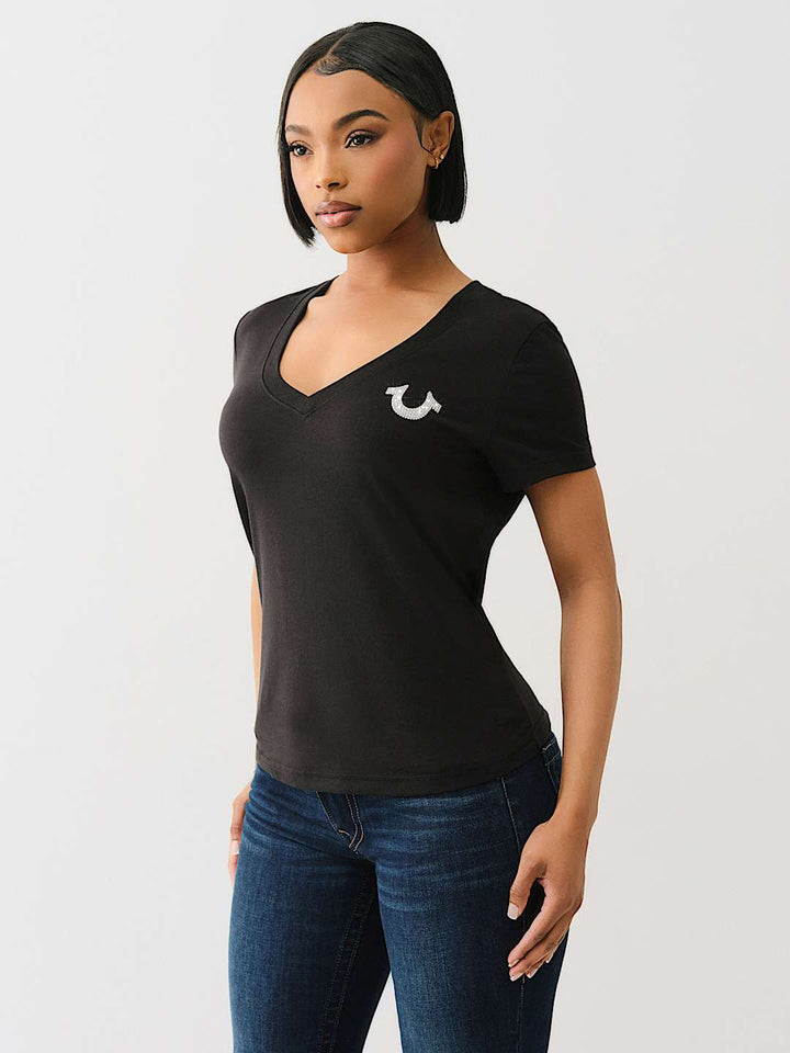 TRUE RELIGION BEST SELLER CRYSTAL OUTLINE V NECK TEE