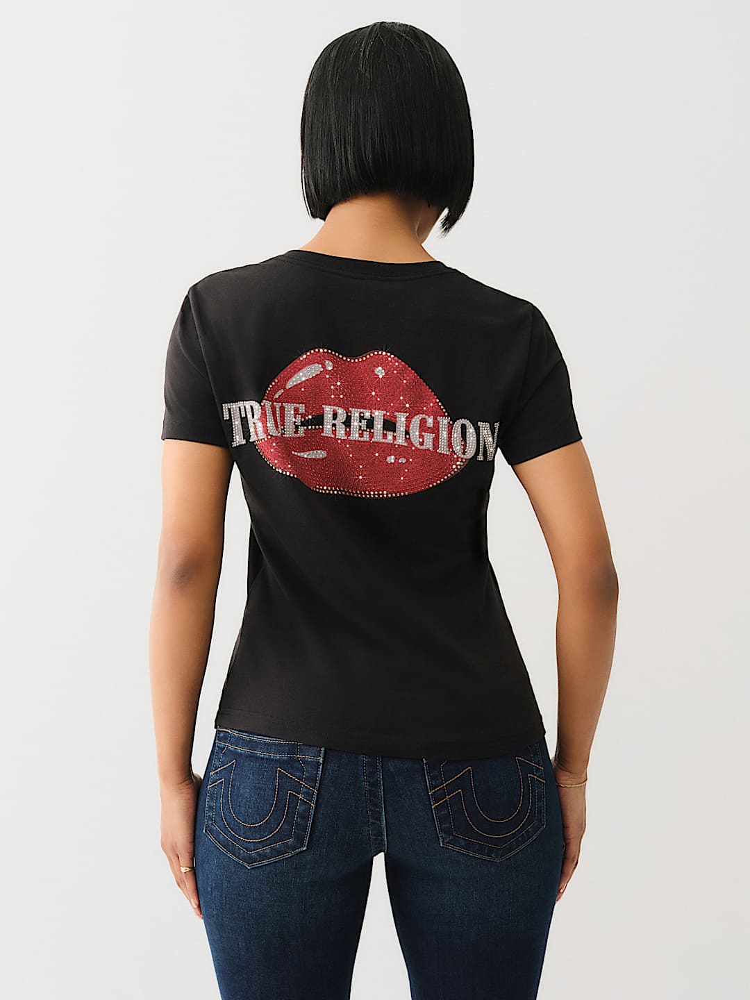 TRUE RELIGION BEST SELLER CRYSTAL OUTLINE V NECK TEE