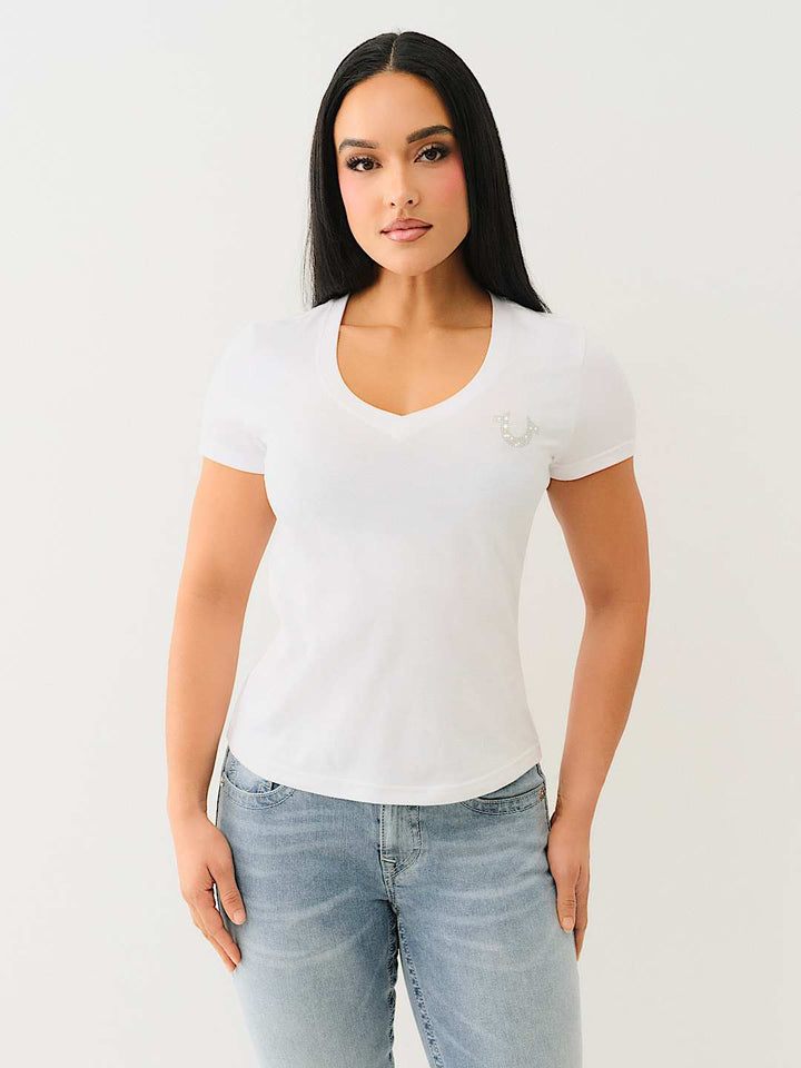 TRUE RELIGION BEST SELLER CRYSTAL OUTLINE V NECK TEE