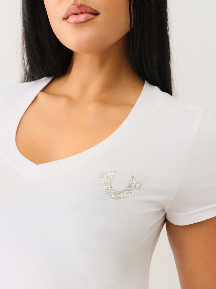 TRUE RELIGION BEST SELLER CRYSTAL OUTLINE V NECK TEE