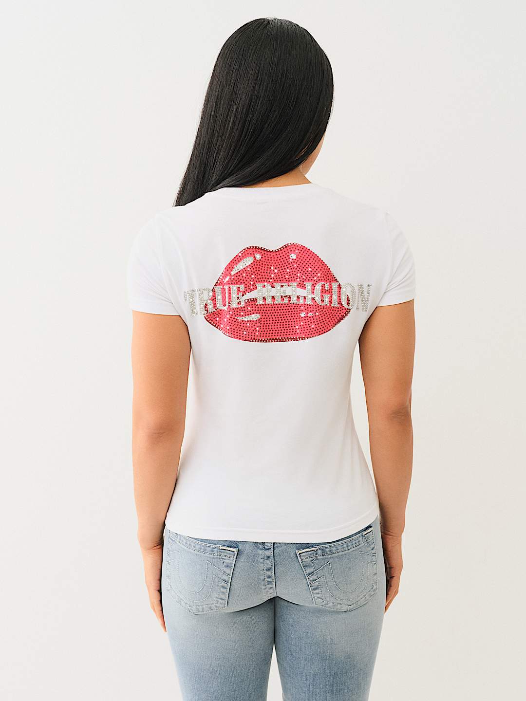 TRUE RELIGION BEST SELLER CRYSTAL OUTLINE V NECK TEE