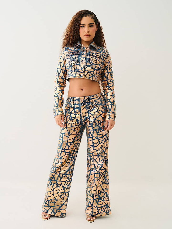 TRUE RELIGION ONLINE EXCLUSIVE CROPPED CRACKED FOIL DENIM JACKET