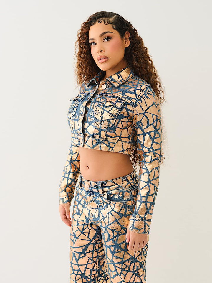 TRUE RELIGION ONLINE EXCLUSIVE CROPPED CRACKED FOIL DENIM JACKET