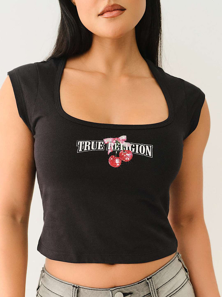 TRUE RELIGION CHERRY SQUARE NECK BABY TEE