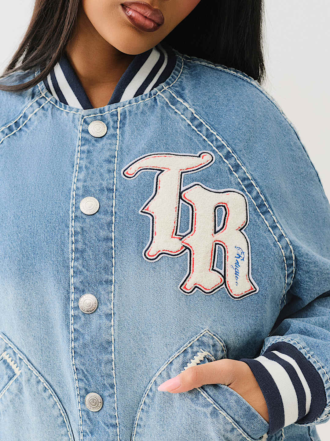 TRUE RELIGION OVERSIZED DENIM BOMBER JACKET